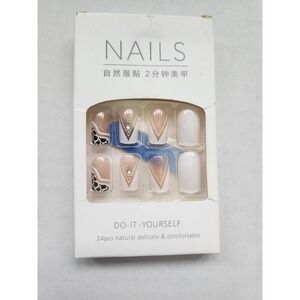 24pcs French Tip Press On Nails Square Nude White Black Glitter Rhinestone DIY